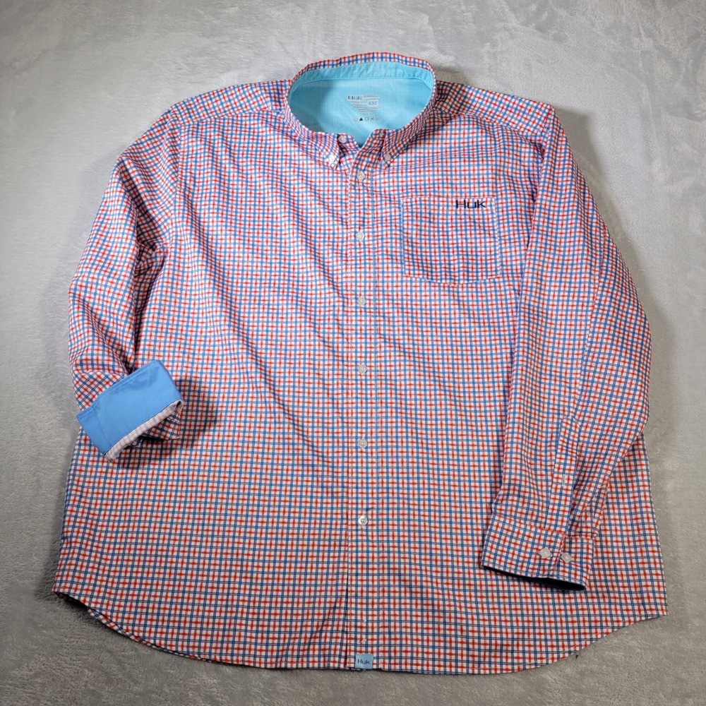 Huk Button Down Shirt Mens XXL Blue Red Plaid Performance Fishing Long Sleeve